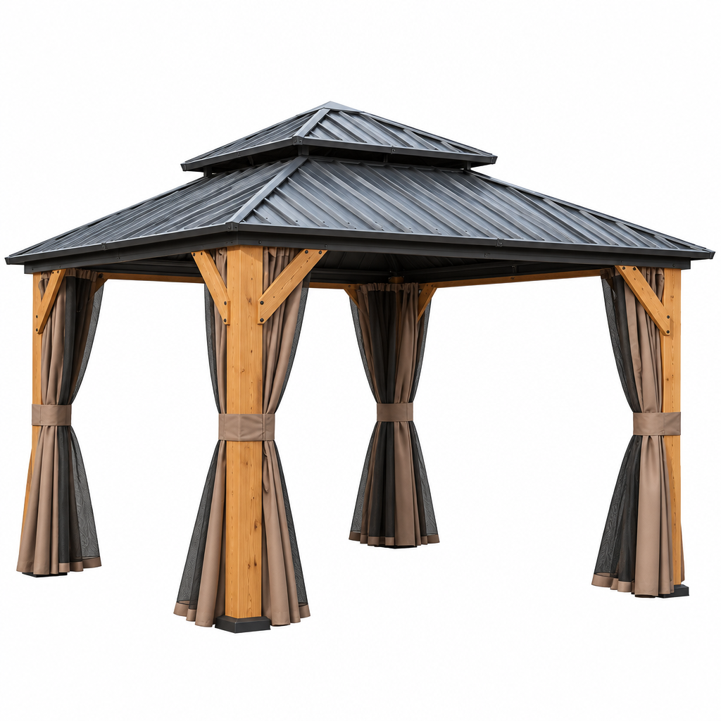 12 Ft. X 12 Ft. Outdoor Cedar Wood Frame Hardtop Gazebo with Galvanized Steel Double Roof, Curtains and Netting