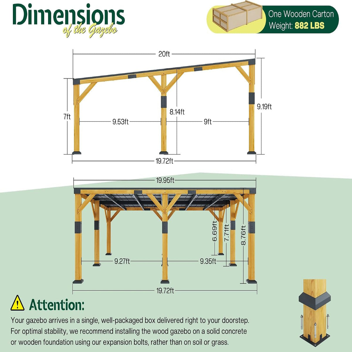 20' X 20' Cedar Wood Gazebo with Sloped Galvanized Steel Roof