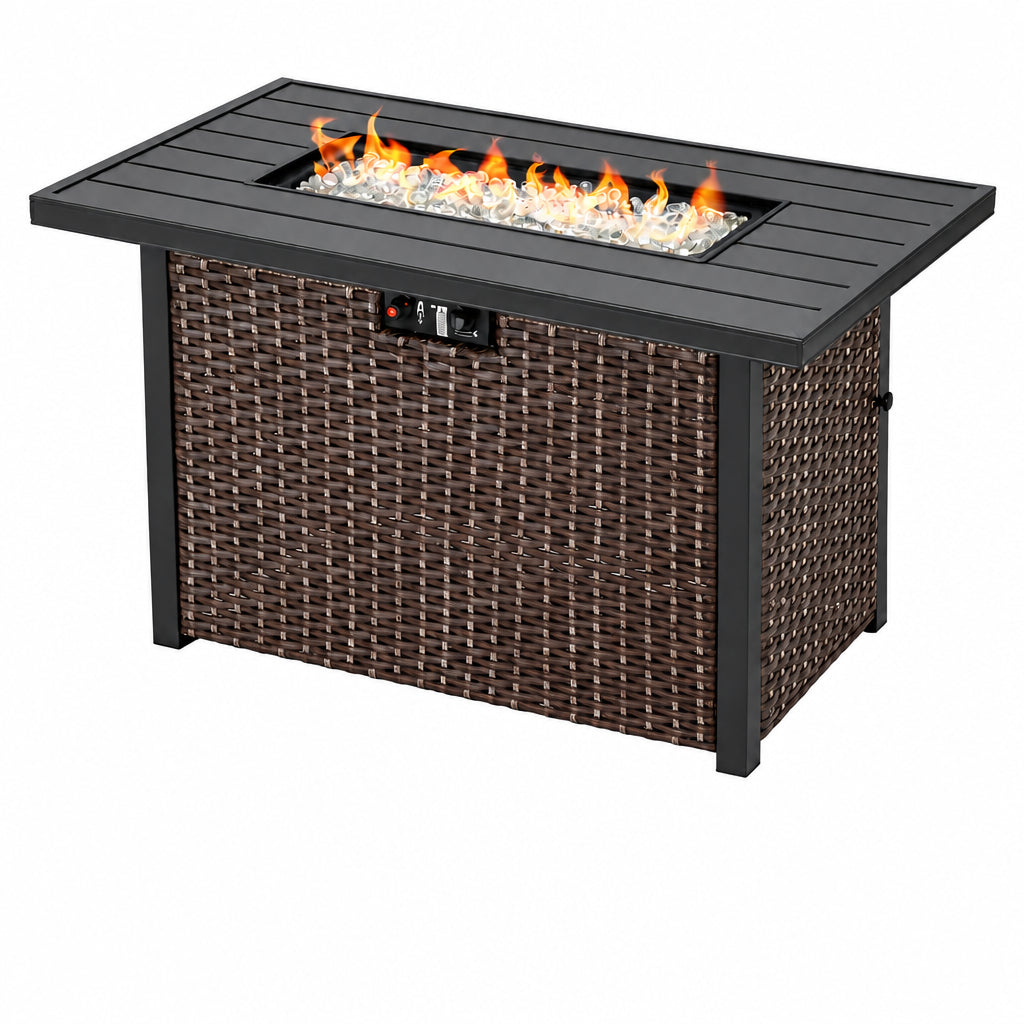 43 In. Rectangle Brown Aluminum Propane Gas Wicker Fire Pit Table 50,000 BTU with Fire Glass Stone