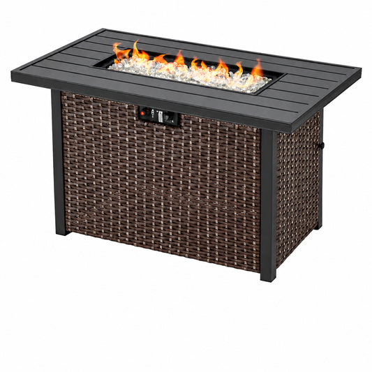 43 In. Rectangle Brown Aluminum Propane Gas Wicker Fire Pit Table 50,000 BTU with Fire Glass Stone