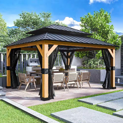 13 Ft. X 11 Ft. Double Galvanized Steel Roof Cedar Wood Frame Outdoor Patio Hardtop Gazebo with Mosquito Netting