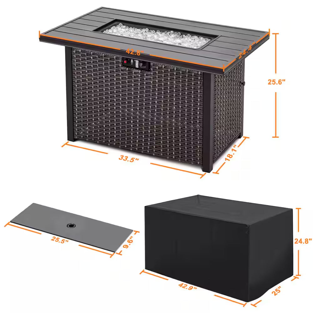 43 In. Rectangle Brown Aluminum Propane Gas Wicker Fire Pit Table 50,000 BTU with Fire Glass Stone