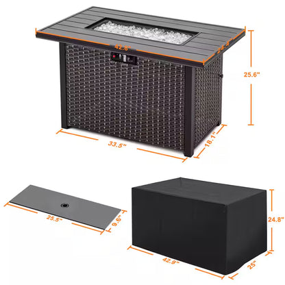 43 In. Rectangle Brown Aluminum Propane Gas Wicker Fire Pit Table 50,000 BTU with Fire Glass Stone