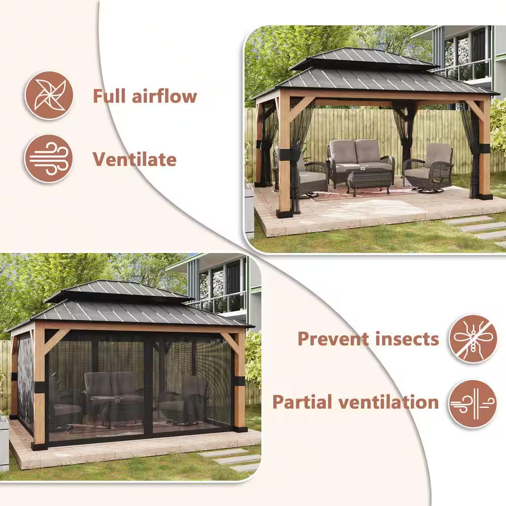13 Ft. X 11 Ft. Double Galvanized Steel Roof Cedar Wood Frame Outdoor Patio Hardtop Gazebo with Mosquito Netting