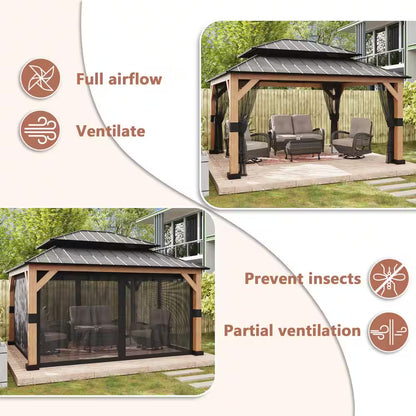 13 Ft. X 11 Ft. Double Galvanized Steel Roof Cedar Wood Frame Outdoor Patio Hardtop Gazebo with Mosquito Netting