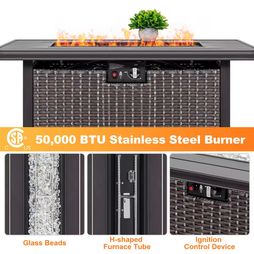 43 In. Rectangle Brown Aluminum Propane Gas Wicker Fire Pit Table 50,000 BTU with Fire Glass Stone