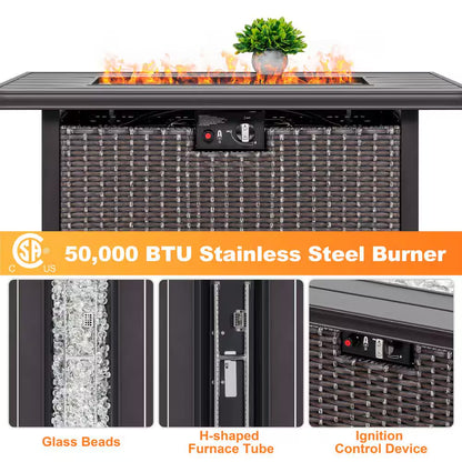43 In. Rectangle Brown Aluminum Propane Gas Wicker Fire Pit Table 50,000 BTU with Fire Glass Stone