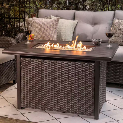 43 In. Rectangle Brown Aluminum Propane Gas Wicker Fire Pit Table 50,000 BTU with Fire Glass Stone