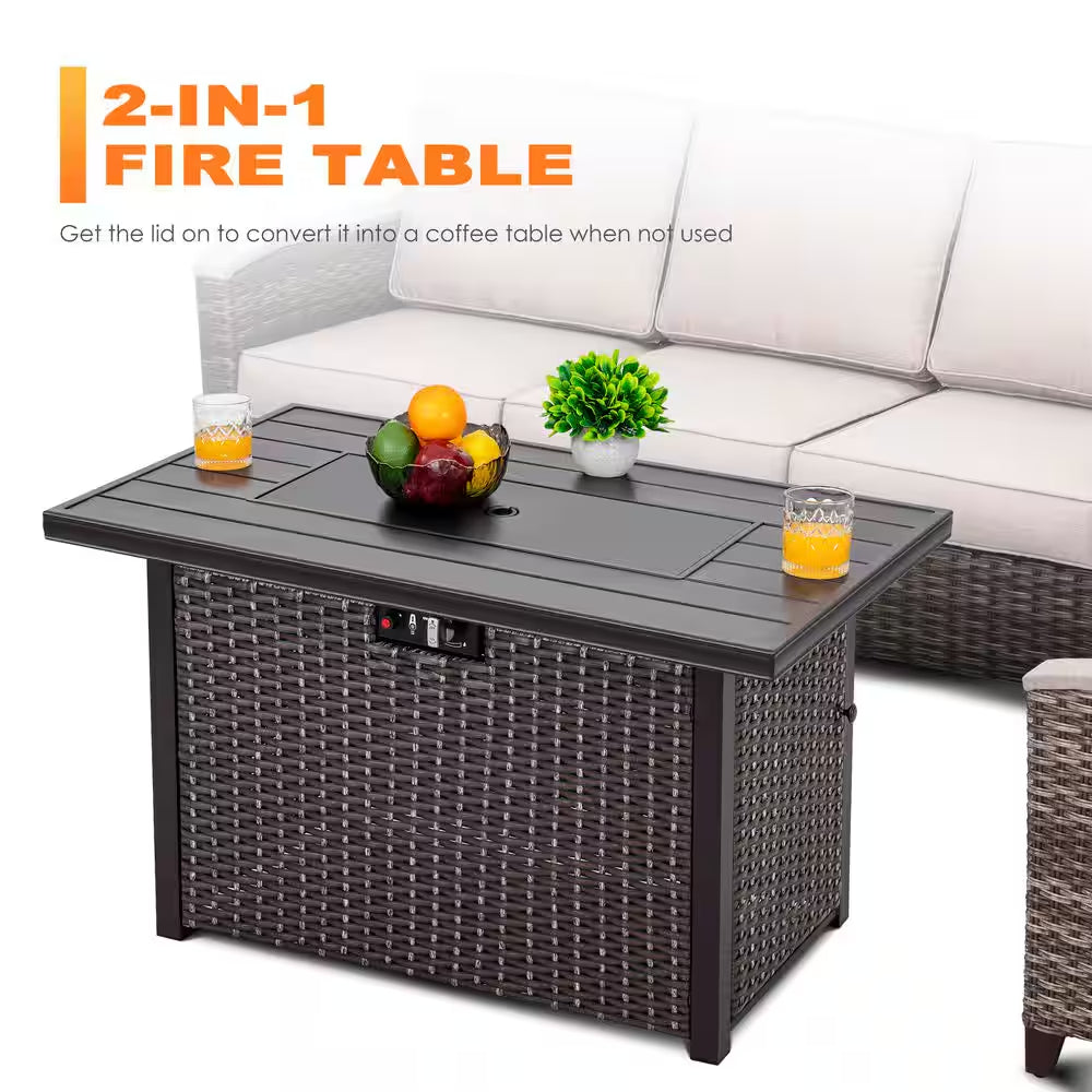43 In. Rectangle Brown Aluminum Propane Gas Wicker Fire Pit Table 50,000 BTU with Fire Glass Stone