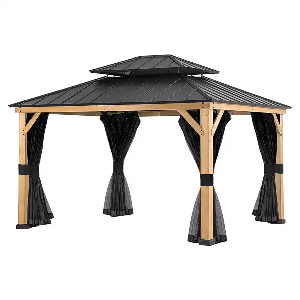 13 Ft. X 11 Ft. Double Galvanized Steel Roof Cedar Wood Frame Outdoor Patio Hardtop Gazebo with Mosquito Netting