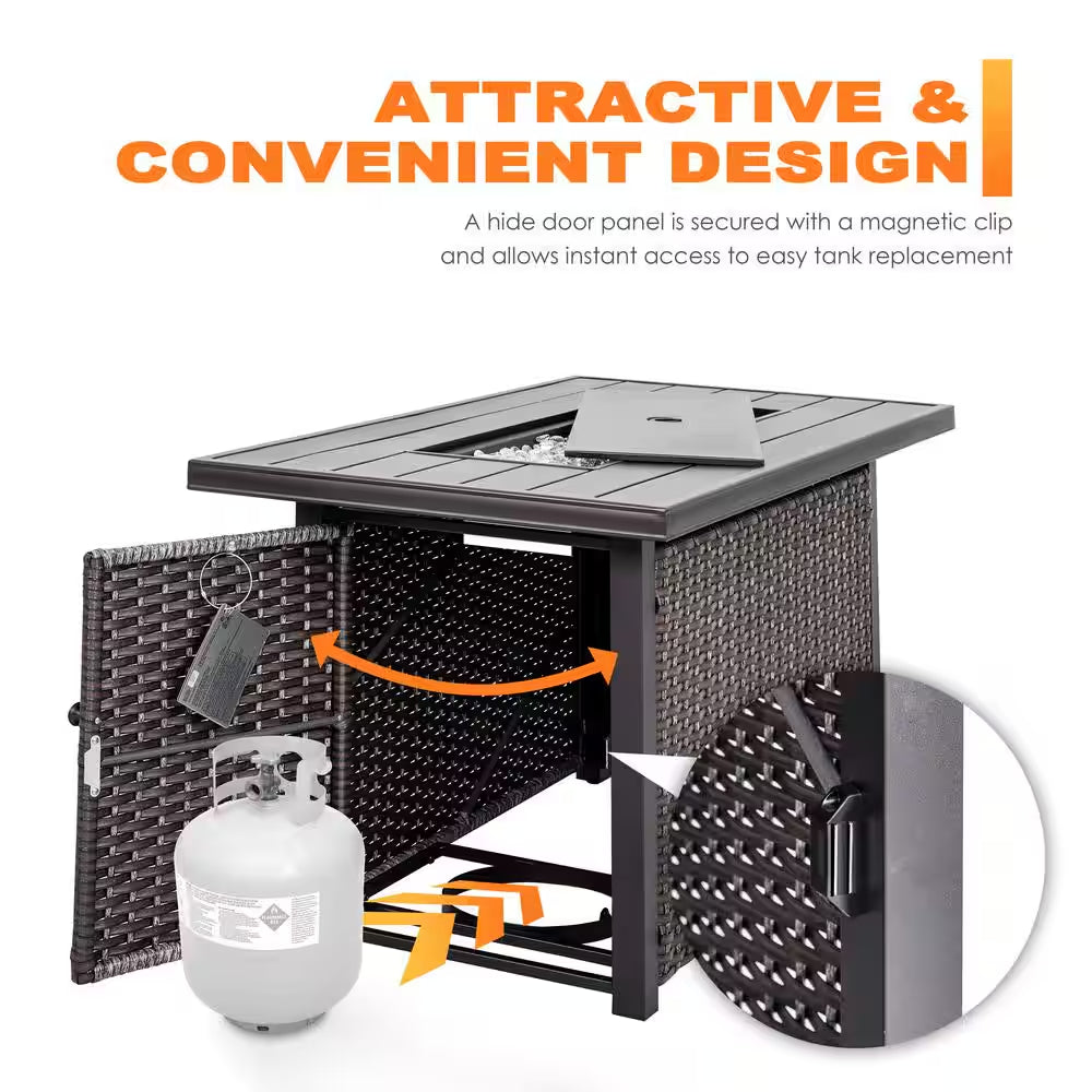 43 In. Rectangle Brown Aluminum Propane Gas Wicker Fire Pit Table 50,000 BTU with Fire Glass Stone