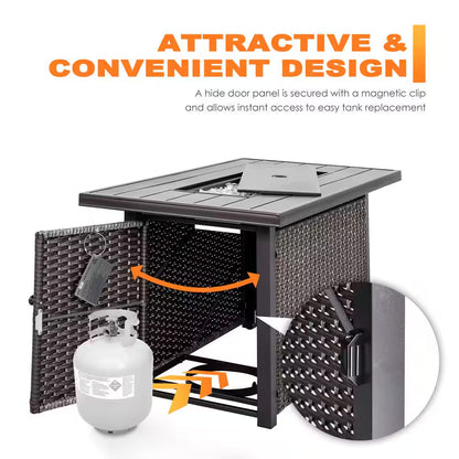 43 In. Rectangle Brown Aluminum Propane Gas Wicker Fire Pit Table 50,000 BTU with Fire Glass Stone