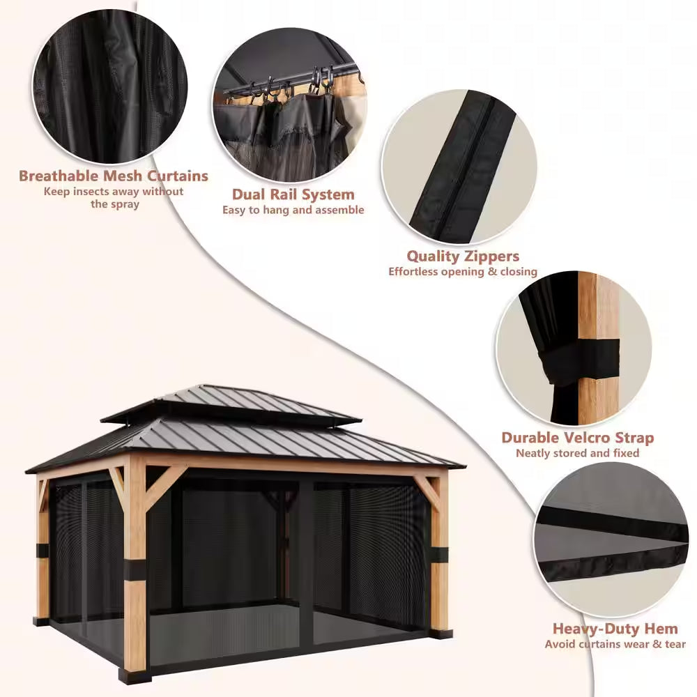 13 Ft. X 11 Ft. Double Galvanized Steel Roof Cedar Wood Frame Outdoor Patio Hardtop Gazebo with Mosquito Netting