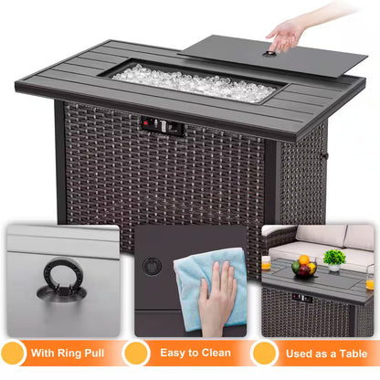 43 In. Rectangle Brown Aluminum Propane Gas Wicker Fire Pit Table 50,000 BTU with Fire Glass Stone