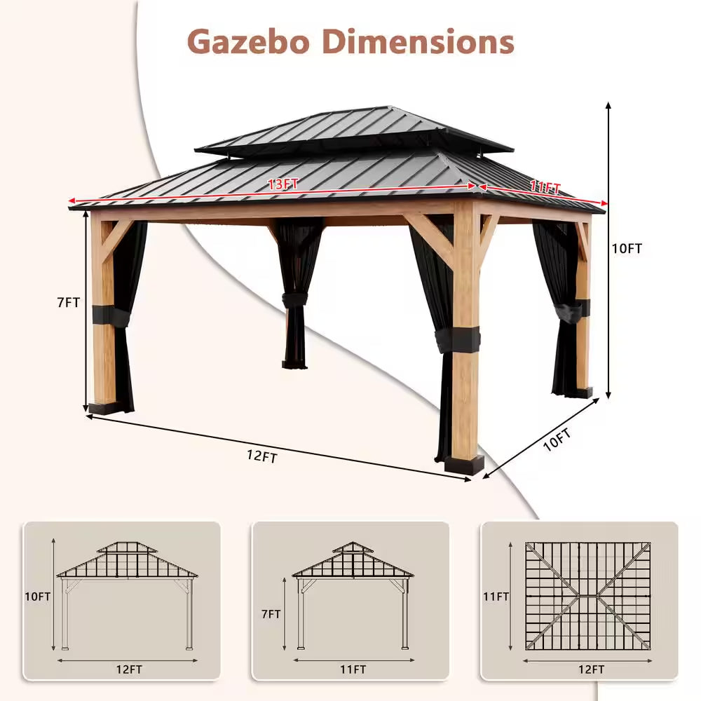 13 Ft. X 11 Ft. Double Galvanized Steel Roof Cedar Wood Frame Outdoor Patio Hardtop Gazebo with Mosquito Netting