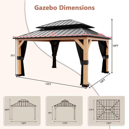 13 Ft. X 11 Ft. Double Galvanized Steel Roof Cedar Wood Frame Outdoor Patio Hardtop Gazebo with Mosquito Netting